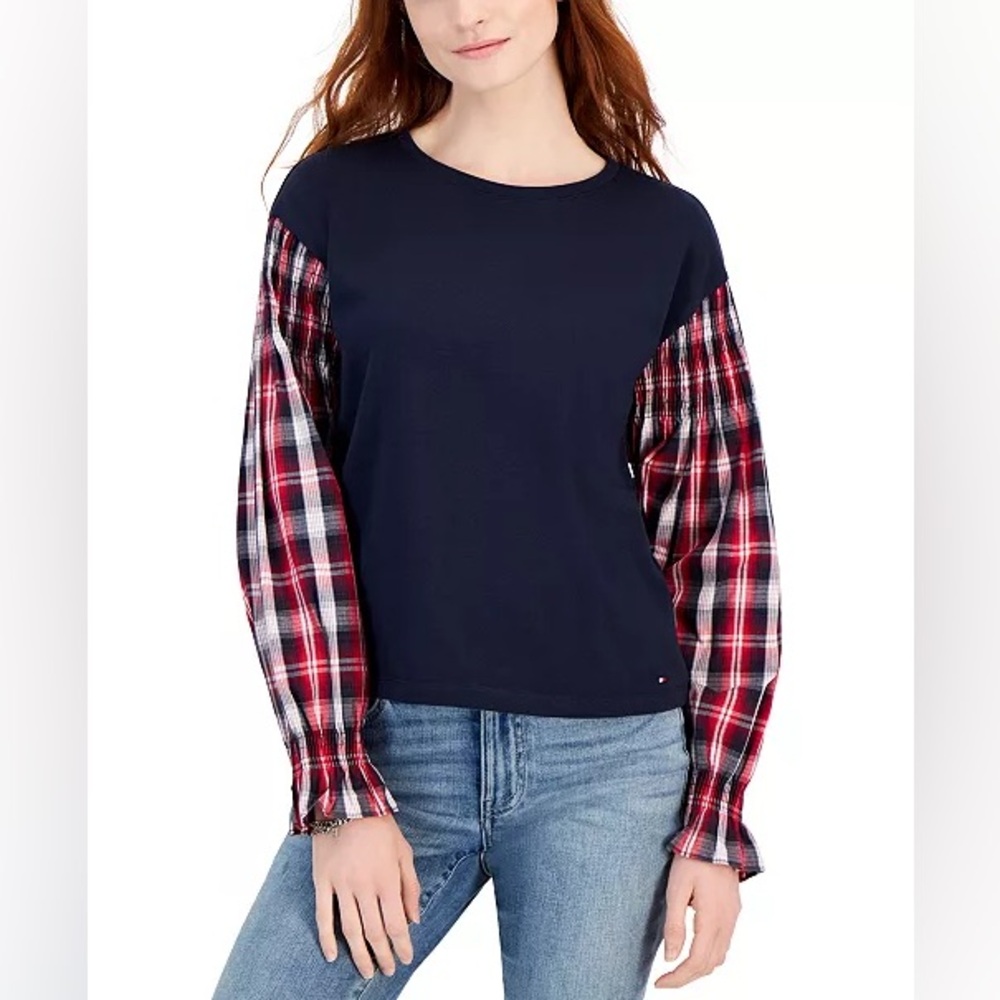 NWT Tommy Hilfiger Navy and Red Plaid Long Sleeve Shirt